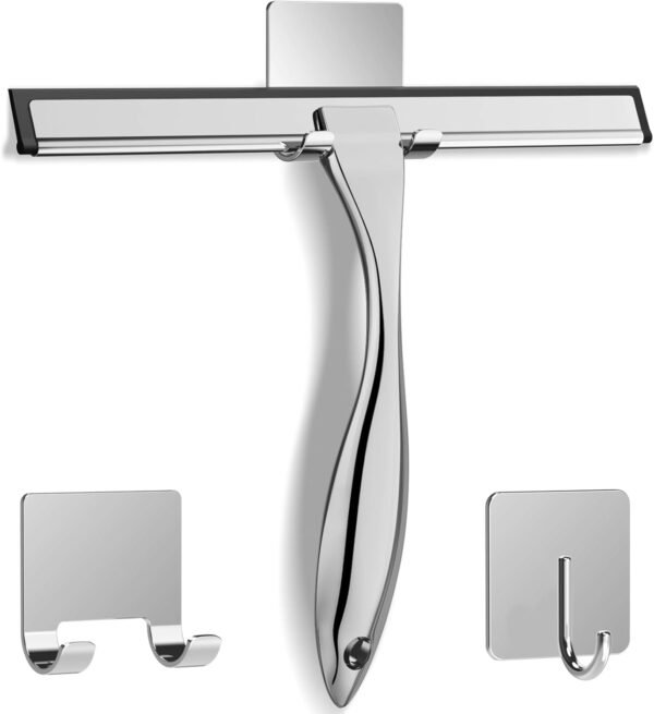 5102UAfkhjL._AC_SL1500_.jpg All-Purpose Stainless Steel Shower Squeegee for Shower Glass Door with 2 Adhesive Hooks, Bathroom Cleaner Tool Household Window Mirror Squeegee , Cleaning Tile Wall, Car, 10 Inch Silver