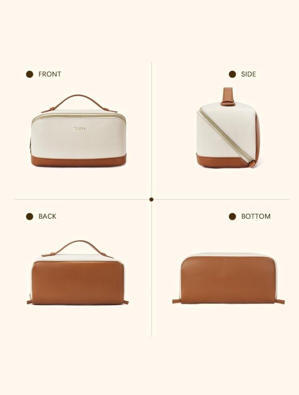 512XGbwS5vL._AC_SL1500_.jpg Telena Makeup Bag Large Capacity Travel Cosmetic Bag Portable PU Leather Water Resistant Makeup Organizer Bags for Women with Handle and Divider Open Flat Beige with Brown