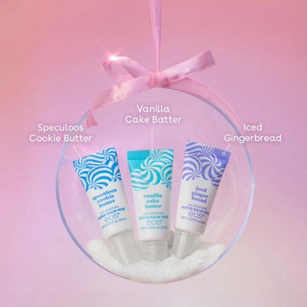 518IxuOsu8L._SL1001_.jpg eos Holiday 24H Moisture Mini Super Balm Set- Speculoos Cookie Butter, Iced Gingerbread, Vanilla Cake Batter, Limited-Edition Lip Care, Stocking Stuffers, 0.20 fl oz, 3-Pack