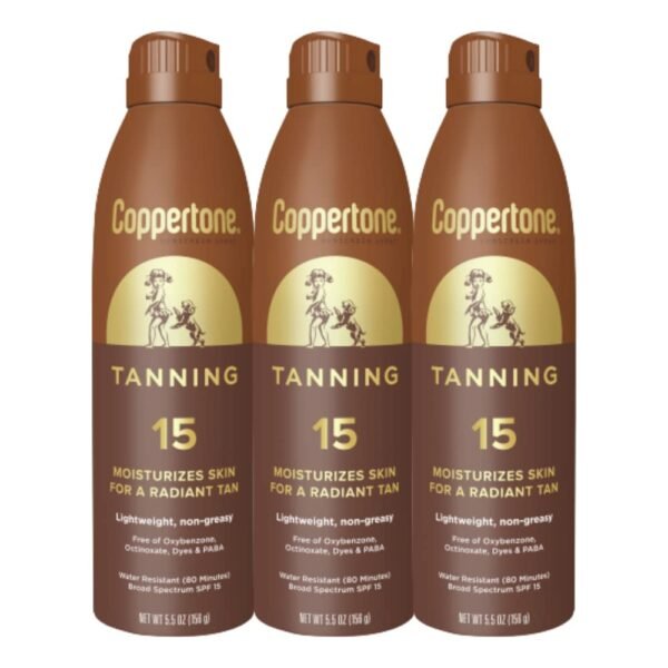 Coppertone Tanning Sunscreen Spray with Broad Spectrum SPF 15, Water Resistant Spray Sunscreen, Lightweight and Non-Greasy, 5.5 Oz, Pack of 3