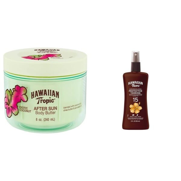Hawaiian Tropic After Sun Body Butter with Coconut Oil, 8oz & Protective Tanning Oil Spray Sunscreen SPF 15, 8oz