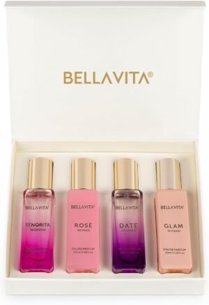 51KMHsRlJmL._SL1347_.jpg BellaVita Luxury Women's Perfume Gift Set (4x20ml) | Notes of Floral, Sweet, Spicey Red Fruit, Vanilla & Musk | DATE, SENORITA, GLAM & ROSE | French Parfum Collection Gift Set
