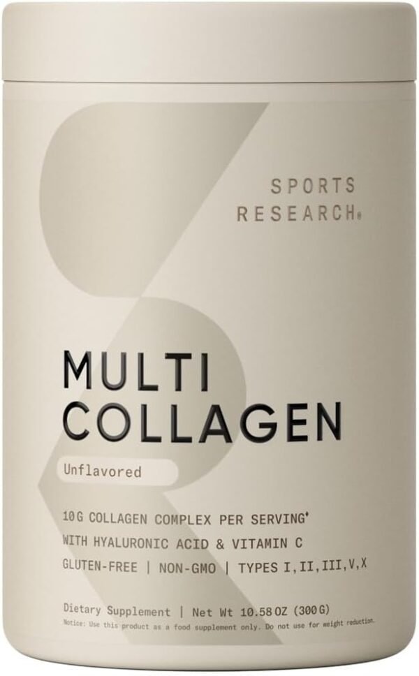 51Md9UVsFL._AC_SL1000_.jpg Sports Research Multi Collagen Protein Powder (Type I, II, III, V, X) with Hyaluronic Acid + Vitamin C | 5 Types of Food Based Collagen, 30 Servings (Unflavored)