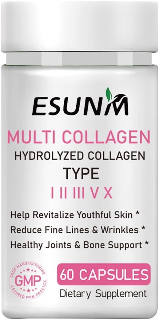 Multi Collagen Capsules for Women & Men - Type I, II, III, V, X - Hydrolyzed Collagen Supplements with Biotin, Vitamin C for Hair, Skin, Nail & Joint Support, 60 Capsules,30 Servings