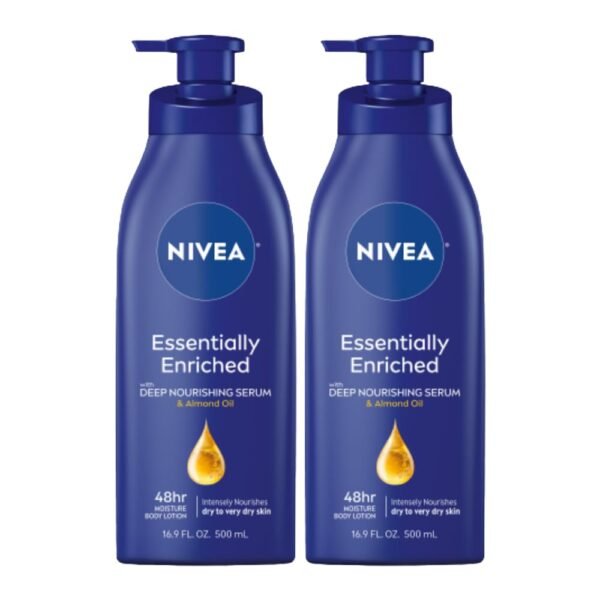 NIVEA Essentially Enriched Body Lotion for Very Dry Skin with Hyaluronic Acid, Almond Oil and Deep Nourishing Serum, 72-Hour Body Moisturizer, 16.9 Fl Oz Pump Bottle, Pack of 2