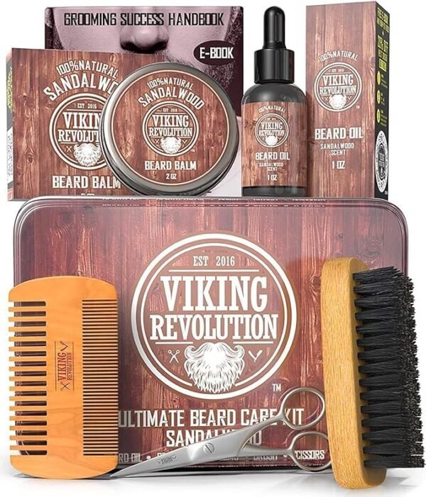 Viking Revolution Ultimate Grooming Kit for Men - Boar Brush, Wood Comb, Sandalwood Balm & Oil, Scissors for Beard & Mustache