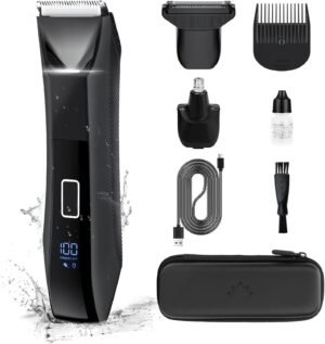 Manscape Body Trimmer for Men, Groin & Body Hair Trimmer, Ball Foil Shaver, Nose Hair Clippers, 3 in 1 Men's Waterproof Wet/Dry Groomer with Travel Case &Travel Lock, LED Display, Black