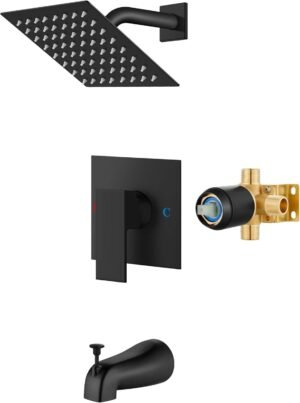 611RmAc3BJL._AC_SL1500_.jpg Airuida Shower Faucet Set with Tub Spout Bathtub Faucet Kit Shower Tub Faucet Set Complete Tub Shower Trim Kit with Solid Brass Rough-in Valve and 6 Inch Rainfall Square Showerhead Matte Black