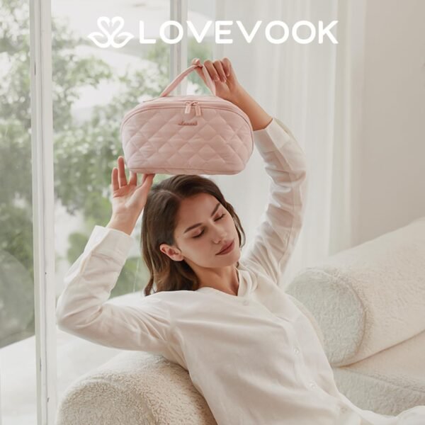 611VlVNBaLL._AC_SL1500_.jpg LOVEVOOK Travel Makeup Bag for Women, 2Pcs Set Puffer Waterproof Cosmetic Organizer, Large Capacity Pouch Open Flat Toiletry Bag with Divider & Handle, Portable Gift for Her, Pink