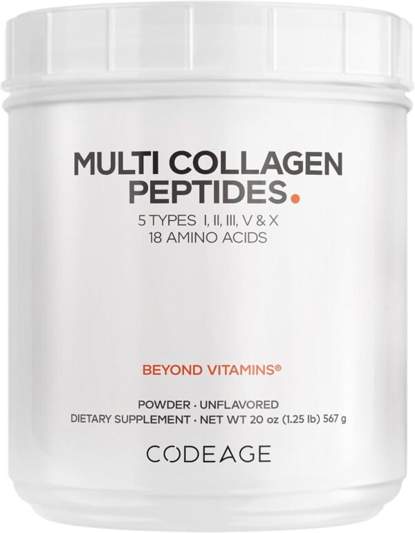 Codeage Multi Collagen Protein Powder Peptides, Hydrolyzed Collagen for Women & Men, Collagen Supplements, Grass Fed Bone Broth, 2-Month Supply, Unflavored, Type 1, 2, 3, 5 & 10, Non-GMO - 20 OZ