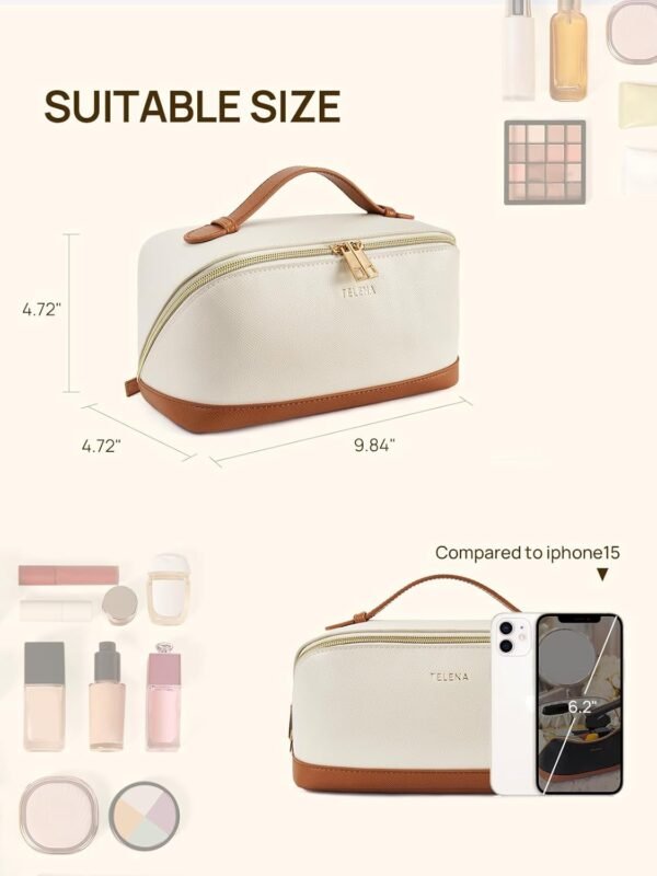 6149wqxtgAL._AC_SL1500_.jpg Telena Makeup Bag Large Capacity Travel Cosmetic Bag Portable PU Leather Water Resistant Makeup Organizer Bags for Women with Handle and Divider Open Flat Beige with Brown
