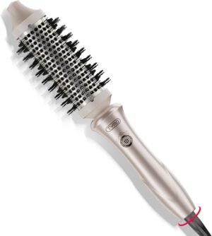 TYMO Thermal Brush Curling Brush - STYLUX 1.5 Inch Blowout Volumizer with Flexi-Fit for Hair Straightening, Heated Round Styler Tool, Hair Straightener and Curler 2 in 1, Dual Voltage, Gold