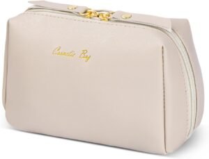 614TAdfJg7L._AC_SL1500_.jpg Topwey Makeup Bag, Travel Essentials Cosmetic Bags for Women, Waterproof Portable Pouch travel toiletry bag with Divider (Khaki, Small)