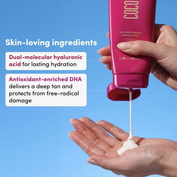 Coco & Eve Sun-kissed Gradual Tanning Lotion - Natural Sunless Moisturizing Tanner with 72H Hydration & Streak-Free, Buildable Glow. Skincare-Infused with Antioxidants and Hyaluronic Acid (6.76 fl oz)