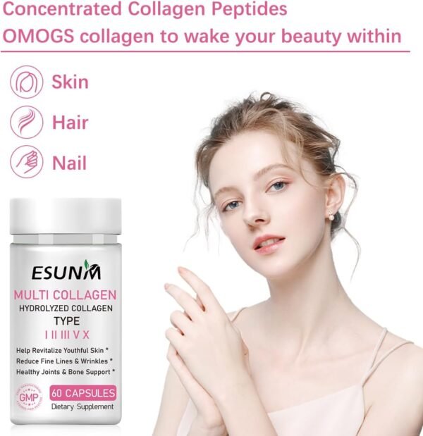 Multi Collagen Capsules for Women & Men - Type I, II, III, V, X - Hydrolyzed Collagen Supplements with Biotin, Vitamin C for Hair, Skin, Nail & Joint Support, 60 Capsules,30 Servings