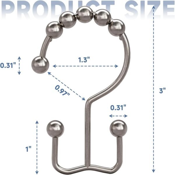 Titanker Shower Curtain Hooks Rings, Rust Resistant Metal Double Glide Shower Hooks Rings for Bathroom Shower Rods Curtains, Set of 12 Hooks - Nickel