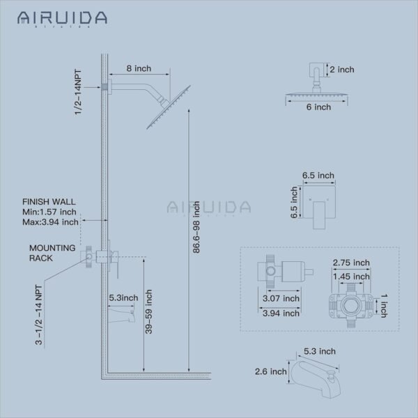 Airuida Shower Faucet Set with Tub Spout Bathtub Faucet Kit Shower Tub Faucet Set Complete Tub Shower Trim Kit with Solid Brass Rough-in Valve and 6 Inch Rainfall Square Showerhead Matte Black