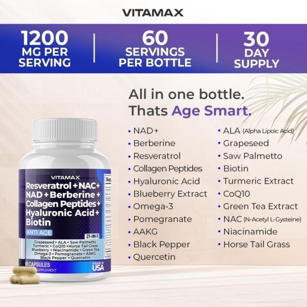 618-rfTtHOL._AC_SL1080_.jpg Resveratrol NAD+ Berberine Hyaluronic Acid - Biotin Grape & Blueberry + NAC - Collagen Peptides - Hair, Nail, Skin & Joint Supplement - 21-in-1 Women and Men - Made in USA (60 Count (Pack of 1)