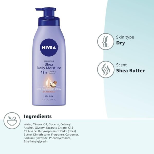 NIVEA Shea Nourish Body Lotion for Dry Skin with Hyaluronic Acid, Shea Butter and Deep Nourishing Serum, 48-Hour Body Moisturizer, 16.9 Fl Oz Pump Bottle