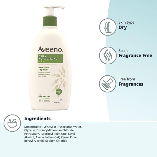 618lp0z84bL._SL1500_.jpg Aveeno Daily Moisturizing Body Lotion, Body Lotion for Dry Skin with Prebiotic Oat, Paraben Free, Fragrance Free, Non-Greasy, Non-Comedogenic Moisturizer, 18 FL OZ