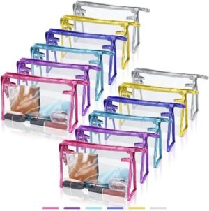 12 Pcs Portable Transparent Cosmetic Bags, Clear Waterproof Makeup Bags with Handle, PVC Travel Toiletry Bags Pouches, Clear Pencil Cases, Stationary Organizers(6 Colors)