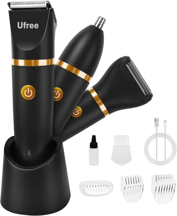 Ufree Body Hair Trimmer for Men, Manscape Ball Pubic Hair Trimmer, 3 in 1 Body Grooming Kit for Groin, Waterproof Body Electric Shaver Razor, Grooming for Face and Body, Gifts for Men, Black