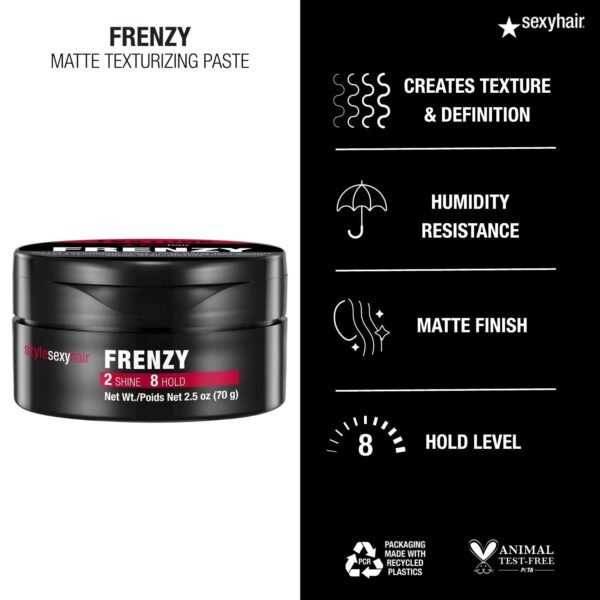 SexyHair Style Frenzy Matte Texturizing Paste, 2.5 Oz | Fullness, Texture and Definition | Helps Create Bulk | Semi-Matte