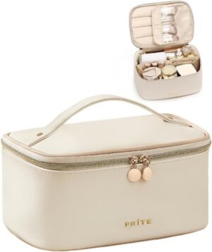 61FkdghwcVL._AC_SL1500_.jpg Prite Makeup Bag, Large Capacity Portable Travel Cosmetic Bag, Waterproof Makeup Organizer for Women with Handle and Divider(Beige)