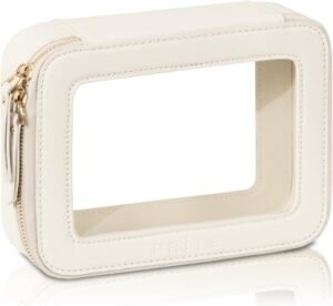 61GSd69fdWL._AC_SL1500_.jpg Prite Clear Makeup Bag Cosmetic Organizer Case Waterproof Travel Toiletry Bag Skincare Pouch with Golden Zipper(Beige)