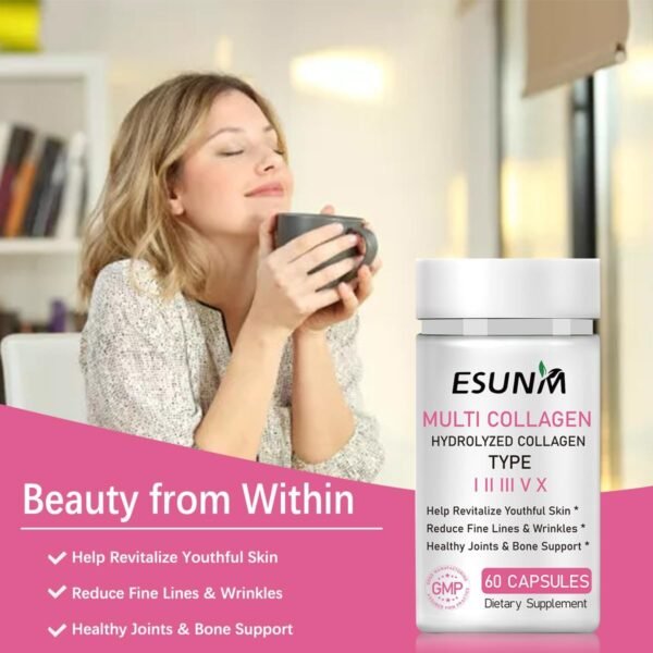 Multi Collagen Capsules for Women & Men - Type I, II, III, V, X - Hydrolyzed Collagen Supplements with Biotin, Vitamin C for Hair, Skin, Nail & Joint Support, 60 Capsules,30 Servings