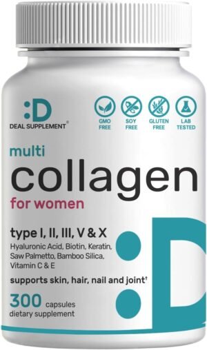 61HSaDGTuL._AC_SL1196_.jpg Multi Collagen Pills with Vitamin C, E & Biotin, 300 Capsules – Hydrolyzed Collagen Peptides – 11 in 1 Formula with Saw Palmetto, Bamboo Silica, & Hyaluronic Acid – Hair, Skin, Nail, & Joint Health