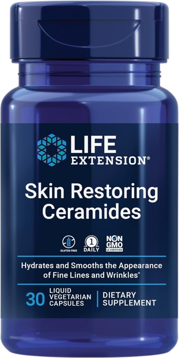 Life Extension Skin Restoring Ceramides - Promotes Hydration & Encourages Healthy Ceramide Levels in Skin - Once-Daily Oral Supplement - Non-GMO, Gluten-Free – 30 Liquid Vegetarian Capsules