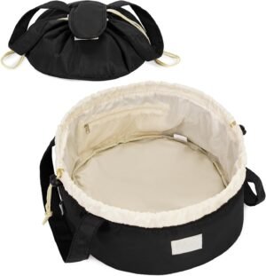 61IlSUBTDpL._AC_SL1500_.jpg Narwey Barrel Drawstring Makeup Bag Large Cosmetic Bag Make up Bags Women and Girls Toiletry Organizer for Travel Toiletries Accessories Essentials (Black) (Patent)