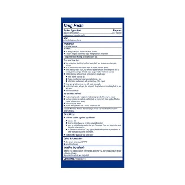 Differin Acne Treatment Gel, 30 Day Supply, Retinoid Treatment for Face with 0.1% Adapalene, Gentle Skin Care for Acne Prone Sensitive Skin, 15g Tube (Packaging May Vary)