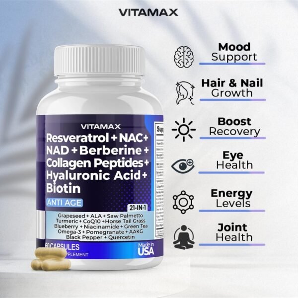 61J7TR5HvqL._AC_SL1080_.jpg Resveratrol NAD+ Berberine Hyaluronic Acid - Biotin Grape & Blueberry + NAC - Collagen Peptides - Hair, Nail, Skin & Joint Supplement - 21-in-1 Women and Men - Made in USA (60 Count (Pack of 1)