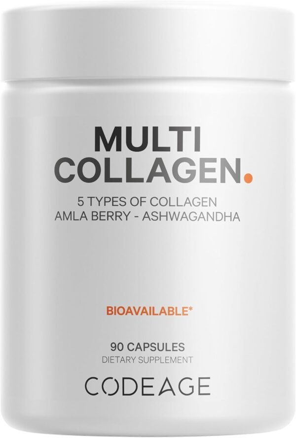 Codeage Multi Collagen Peptides Protein Capsules, 5 Collagen Types, Grass-Fed & Hydrolyzed Bovine Collagen Pills Supplement, Ashwagandha, Amla Berry Vitamins, Collagen Peptides - 90 Capsules