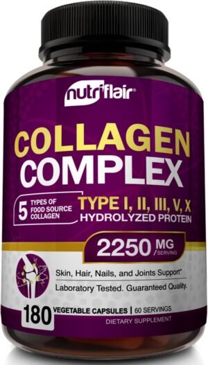 61KP2bFvkcL._AC_SL1500_.jpg NutriFlair Multi Collagen Peptides 2250mg - Type I, II, III, V, X - Collagen Supplements Complex Powder Pills for Women and Men - Hydrolyzed Protein, Healthy Hair, Skin, Nails - Non-GMO (180 Capsules)