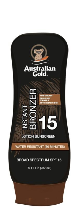 Australian Gold Sunscreen Lotion with Instant Bronzer SPF 15, 8 Ounce | Broad Spectrum | Water Resistant | Non-Greasy | SPF 15 8 Fl Oz (Pack of 1)