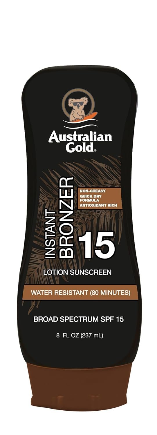 61KTufeXIJL._SL1500_.jpg Australian Gold Sunscreen Lotion with Instant Bronzer SPF 15, 8 Ounce | Broad Spectrum | Water Resistant | Non-Greasy | SPF 15 8 Fl Oz (Pack of 1)