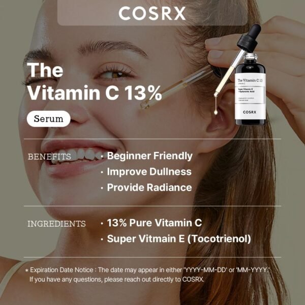 61LIFU5RmKL._SL1000_.jpg COSRX Pure Vitamin C 13% Serum with Vitamin E & Hyaluronic Acid, Hydrating Facial Serum for Fine Lines, Uneven Skin Tone & Dull Skin, 0.67fl.oz/20ml, Korean Skin Care