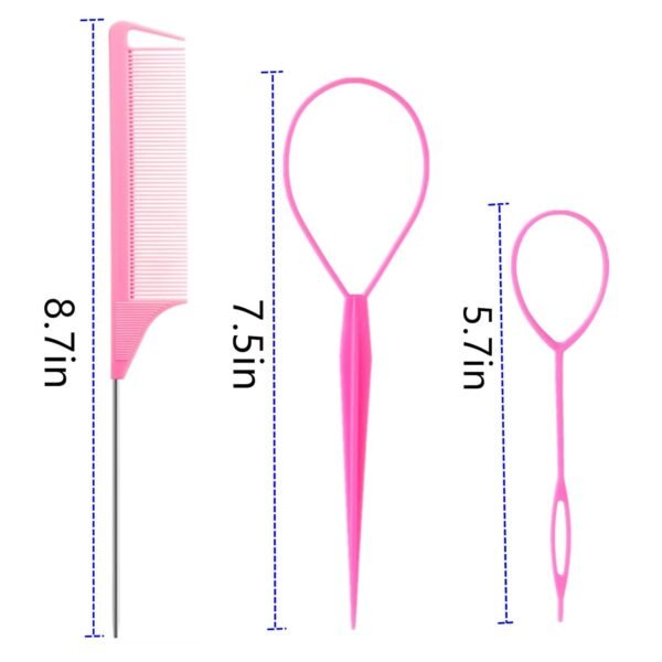 9pcs Topsy Hair Tail Tool and rat tail comb set,6pcs French Braiding Tool ring,3Pcs Metal Parting Combs,Woman Girl Hair Styling (Pink,Purple, Black)