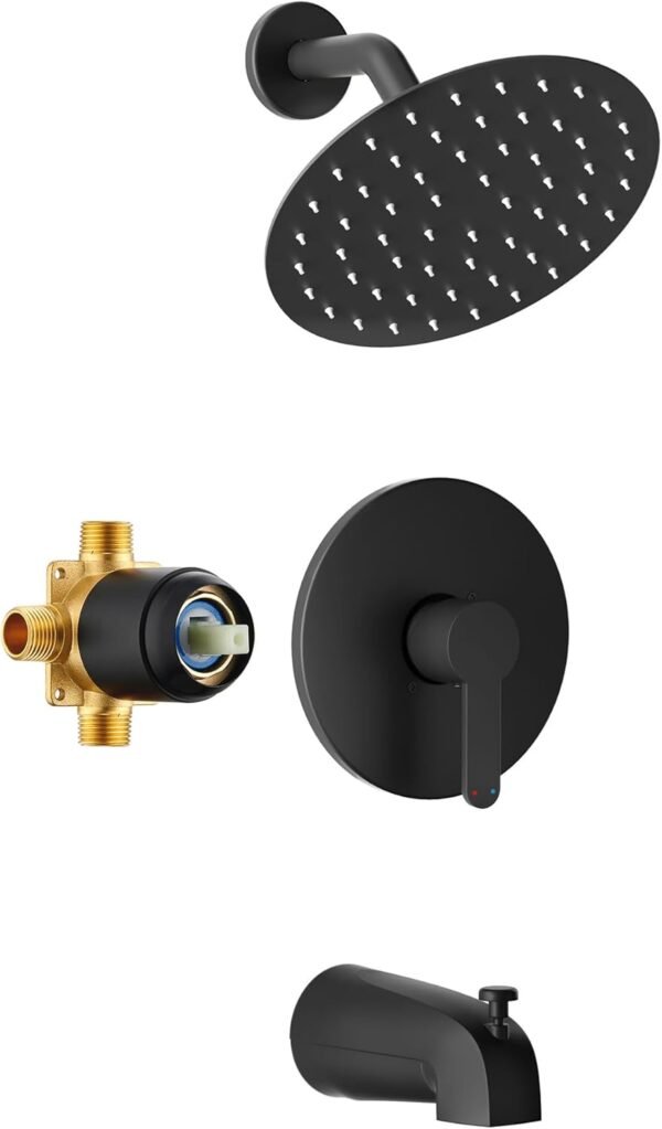 Tub Shower Faucet, Matte Black Shower Faucet Set with 8-Inch All-Metal Rainfall Showerhead and Bathtub Spout, Single-Handle Tub Shower-Trim Kit Included Valve, Matte Black