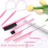 61PXjjva2WL._SL1500_.jpg Hair Styling Tool Set 8 Pieces -4 Topsy hair Tail Tools 2 Rat Tail Combs, 1 Slick Back Hair Bristle Brush and 1 Edge Control Brush, Woman Girl Pink