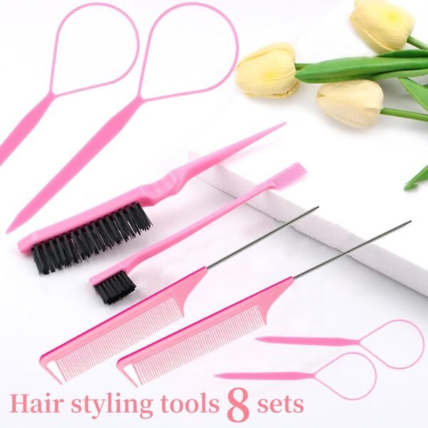 61PXjjva2WL._SL1500_.jpg Hair Styling Tool Set 8 Pieces -4 Topsy hair Tail Tools 2 Rat Tail Combs, 1 Slick Back Hair Bristle Brush and 1 Edge Control Brush, Woman Girl Pink