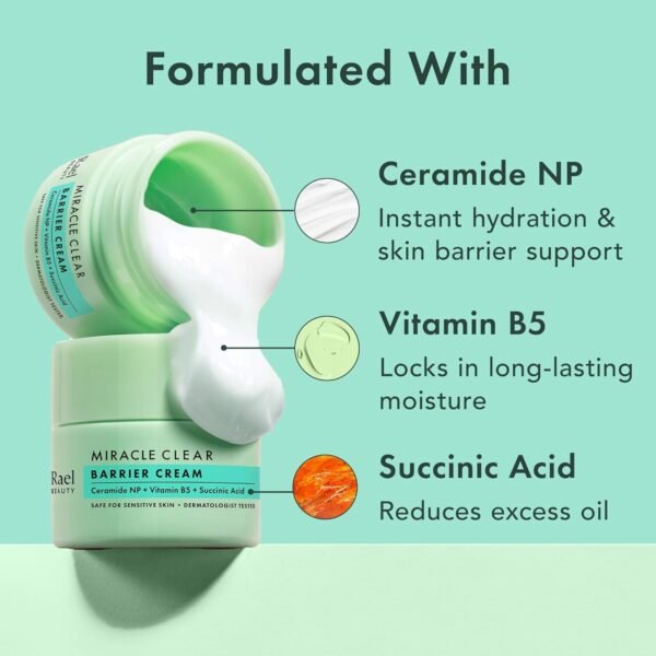 61Qko68D6JL._SL1500_.jpg Rael Face Moisturizer, Miracle Clear Barrier Cream, Lightweight Hydration for Oily and Acne Prone, with Succinic Acid, Hydrating Vitamin B5, Vegan, Korean Skin Care (1.8 fl oz)