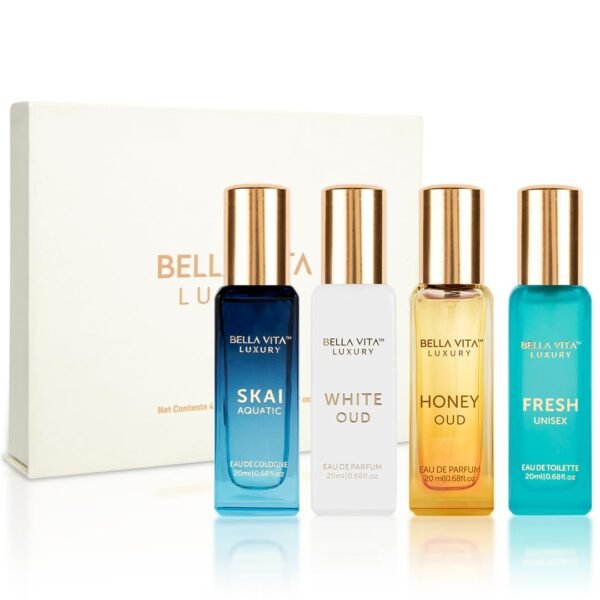61RwEoU4UbL._SL1080_.jpg BellaVita Luxury Unisex Cologne Gift Set (4x20ml) | Fragrances Includes Honey OUD, SKAI, FRESH & White OUD | Travel Size Mini Perfumes & Spicy Vanilla Perfume Oil | Unisex Perfume for Women & Men