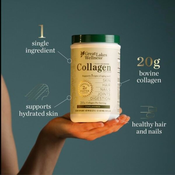 61RxqWyniL._SL1080_.jpg Great Lakes Wellness Collagen Peptides Powder for Skin, Hair, Nails, Joints & Digestion - Unflavored - Quick Dissolve Hydrolyzed, Non-GMO, Keto, Kosher - 16oz