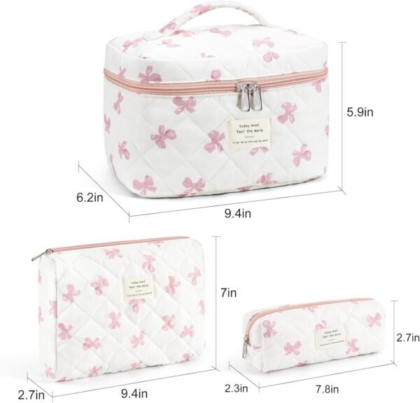 Makeup Bag for Women 3PCS Quilted Cotton Make Up Bag Travel Cosmetic Bag Large Makeup Bag Set Cute Bow Makeups Purse Organizer Floral Toiletry Pouch
