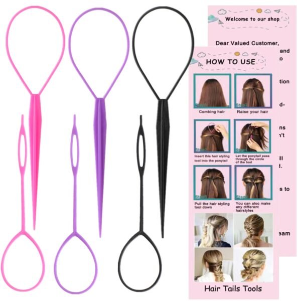 9pcs Topsy Hair Tail Tool and rat tail comb set,6pcs French Braiding Tool ring,3Pcs Metal Parting Combs,Woman Girl Hair Styling (Pink,Purple, Black)