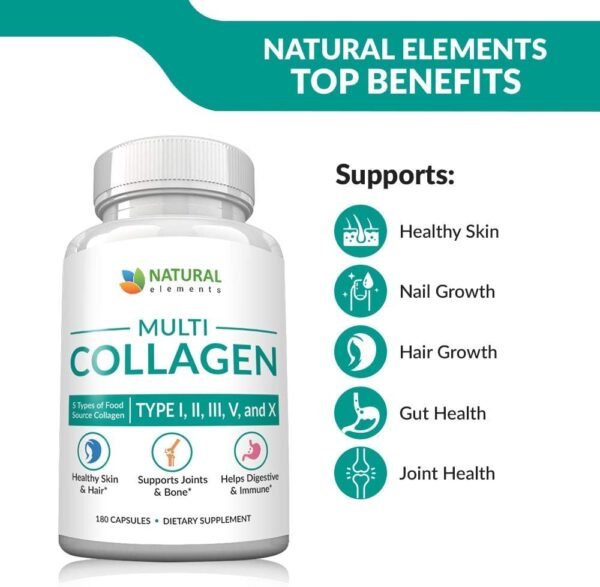 61Tue3OnLeL._AC_SL1000_.jpg Multi Collagen 180 Protein Capsules - Type I, II, III, V, X Collagen Pills - Proprietary Blend of Eggshell, Chicken, Wild Fish & Grass-Fed Beef Collagen Peptides - 2025mg per serv